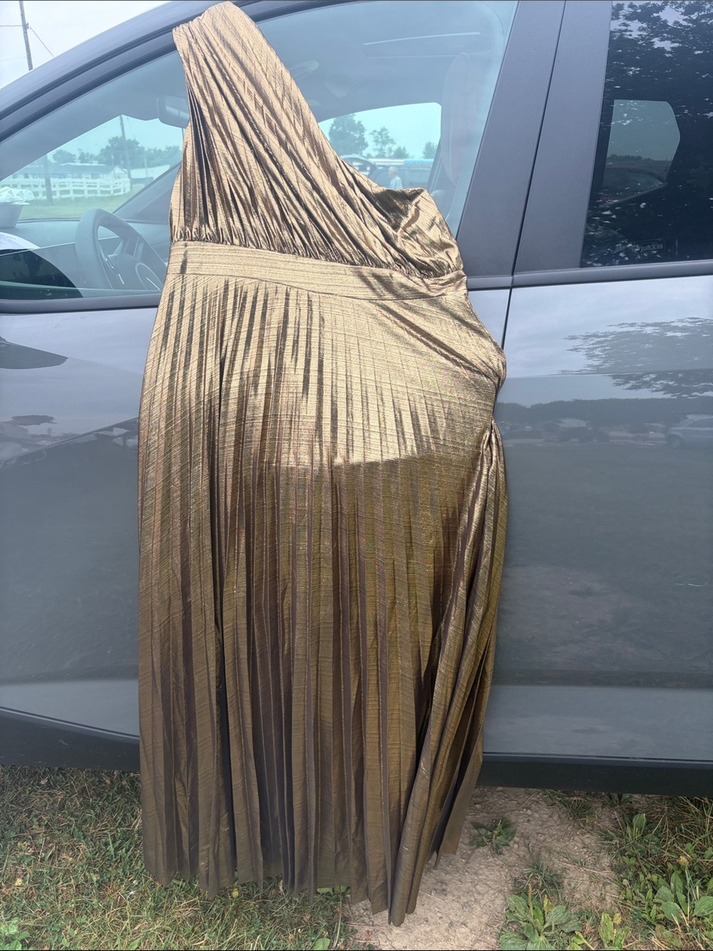 Metallic Gold Pleated One-Shoulder Maxi Dress